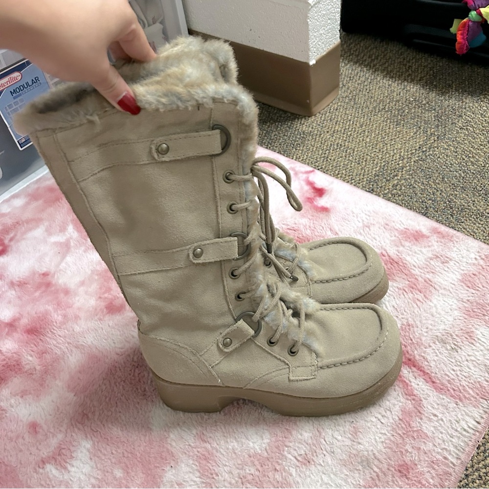 Tan Suede fur trim platform winter boots